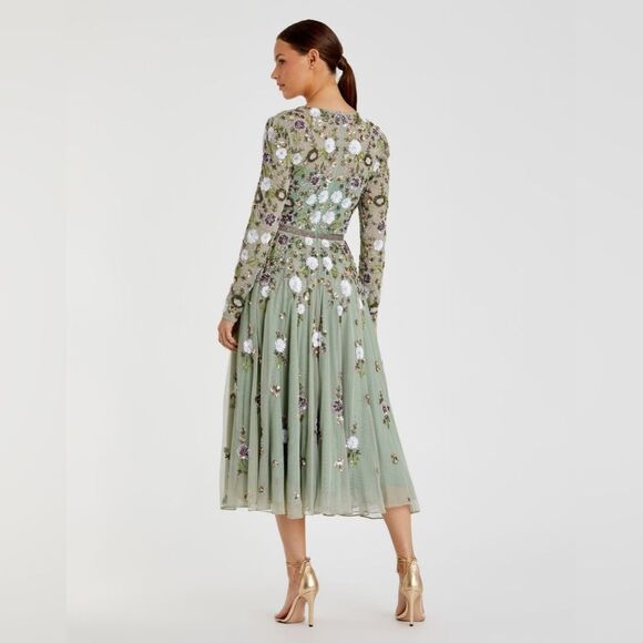 MAC DUGGAL 5716 Green Sequined Floral Long Sleeve High Neck Midi Dress - Picture 4 of 15